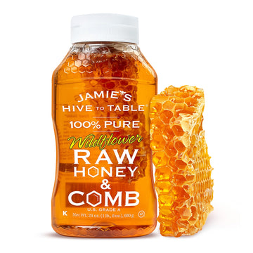 Jamies Hive To Table 100% Pure Wildflower Honey With Honeycomb, 24 Oz - Usa Made Raw & Unfiltered Honey - Fresh Edible Honeycomb