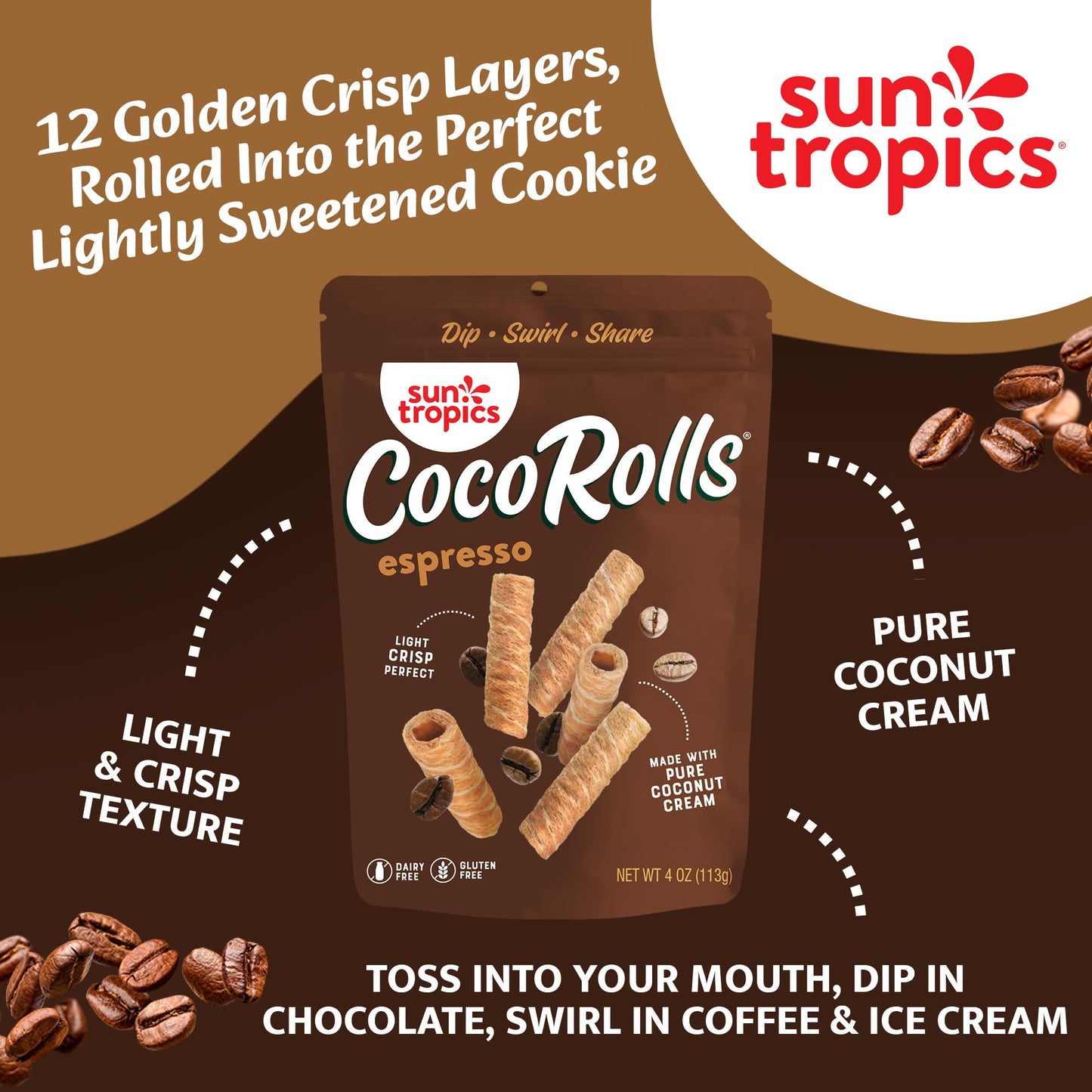 Sun Tropics Cocorolls Espresso, Gluten Free, Dairy Free, Snack-Crisp Rolled Wafer Made With Pure Coconut Cream, 6 Count