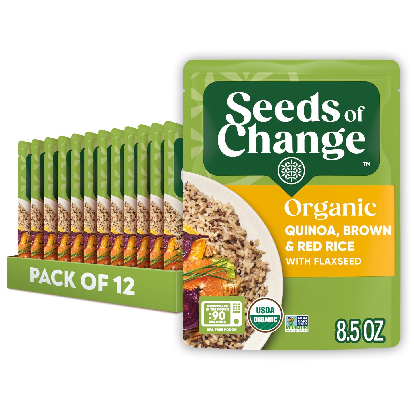 SEEDS OF CHANGE Organic Quinoa & Rice with Flaxseed, 8.5 oz (Pack of 12), Brown