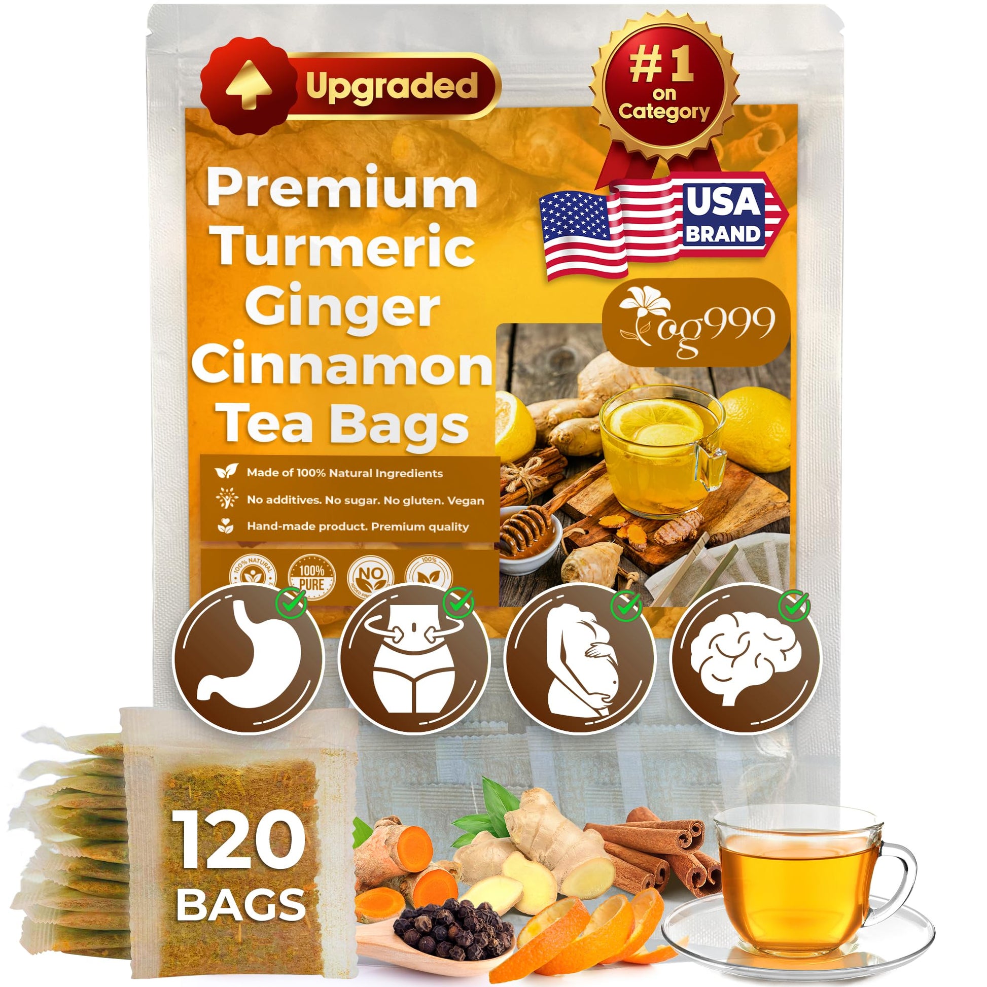 Tog999  120 Bags Top-Grade Turmeric Flavor Blendger Cinnamon Tea. Upgraded Version. Improve Digestion  Support Brain  Weight  Skin And Sleep. Eco-Conscious Tea Bags. No Sugar  No Energy Blend  No Gluten  Vegan.