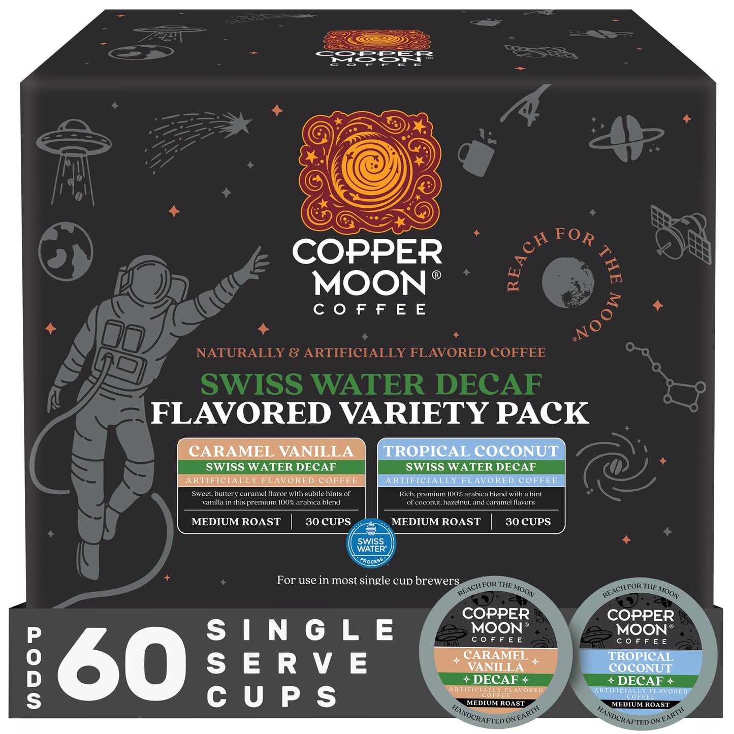 Copper Moon Coffee Swiss Water Decaf Flavored Variety Pack  60 Count