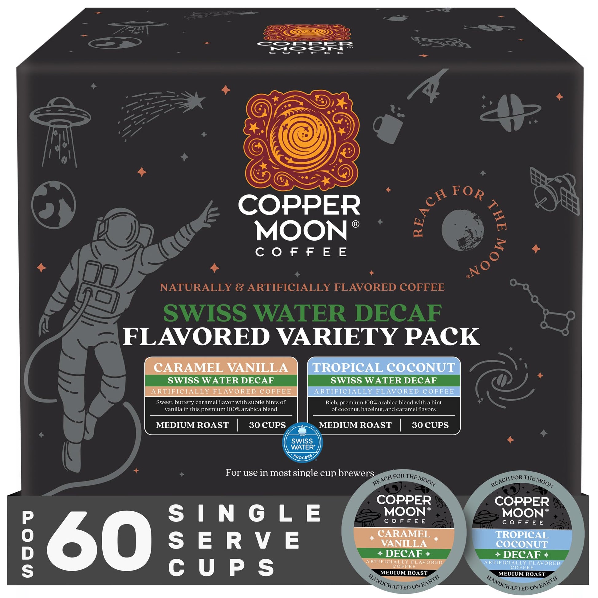 Copper Moon Coffee Swiss Water Decaf Flavored Variety Pack  60 Count