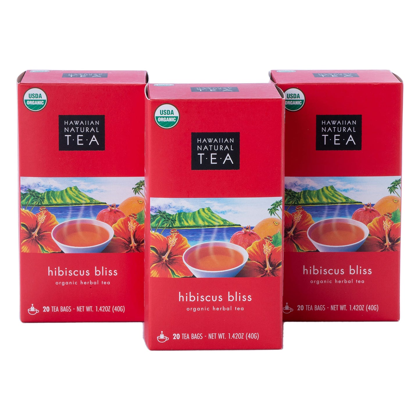 HAWAIIAN NATURAL T·E·A Organic Hibiscus Bliss Herbal Tea, Caffeine-Free, 60 Tea Bags, Vegan, Keto-Friendly, 20 Count (Pack of 3)