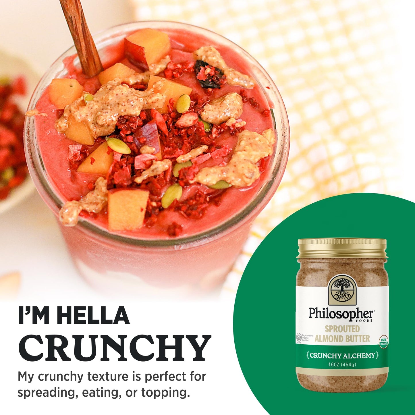 Philosopher Foods - Creamy + Crunchy Alchemy Sprouted Almond Butter - 16 Oz (Pack Of 2) - Stone Ground Regenerative Organic Crea