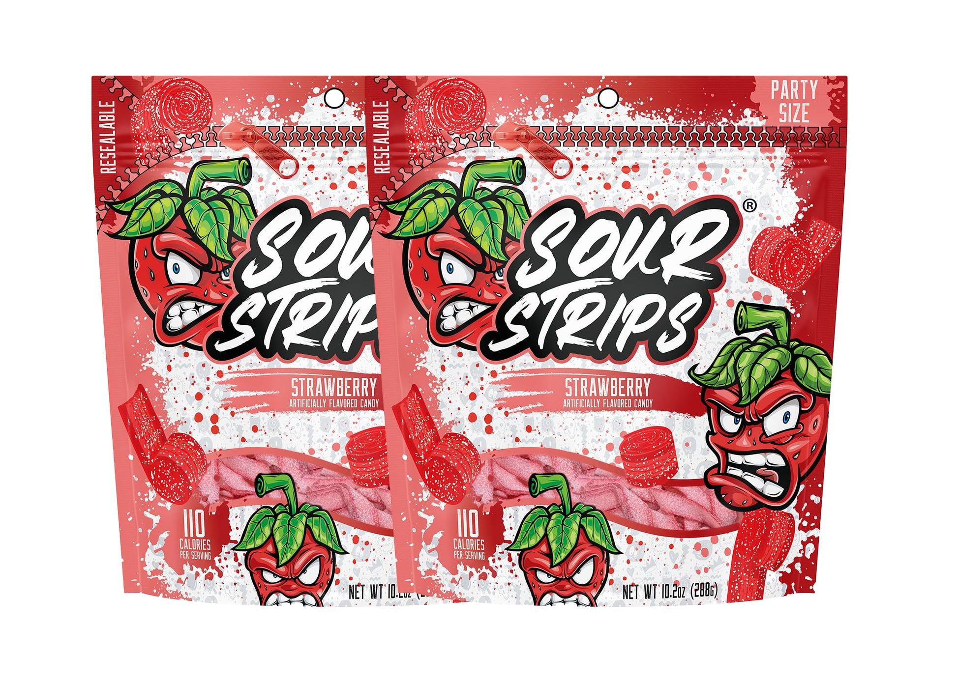 Sour Strips Flavored Sour Candy Strips, Deliciously Sour Chewy Candy Belts, Vegetarian Candies, Party Pack 2-Pack (Strawberry Pa