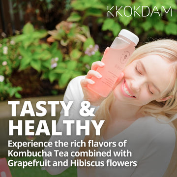 Kkokdam Kombucha Tea - Grapefruit & Hibiscus Korean Tea - Kombucha Drinks Probiotic Support, Low Calorie, Sugar Free Kombucha Pa