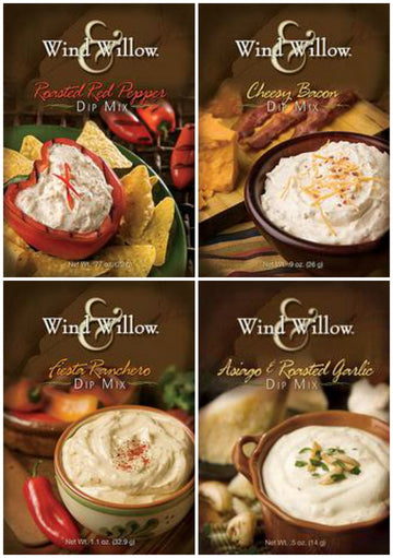 Wind & Willow Dip Mix 4 Flavor Variety Bundle: Cheesy Bacon, Roasted Red Pepper, Asagio And Roasted Garlic, And Fiesta Ranchero