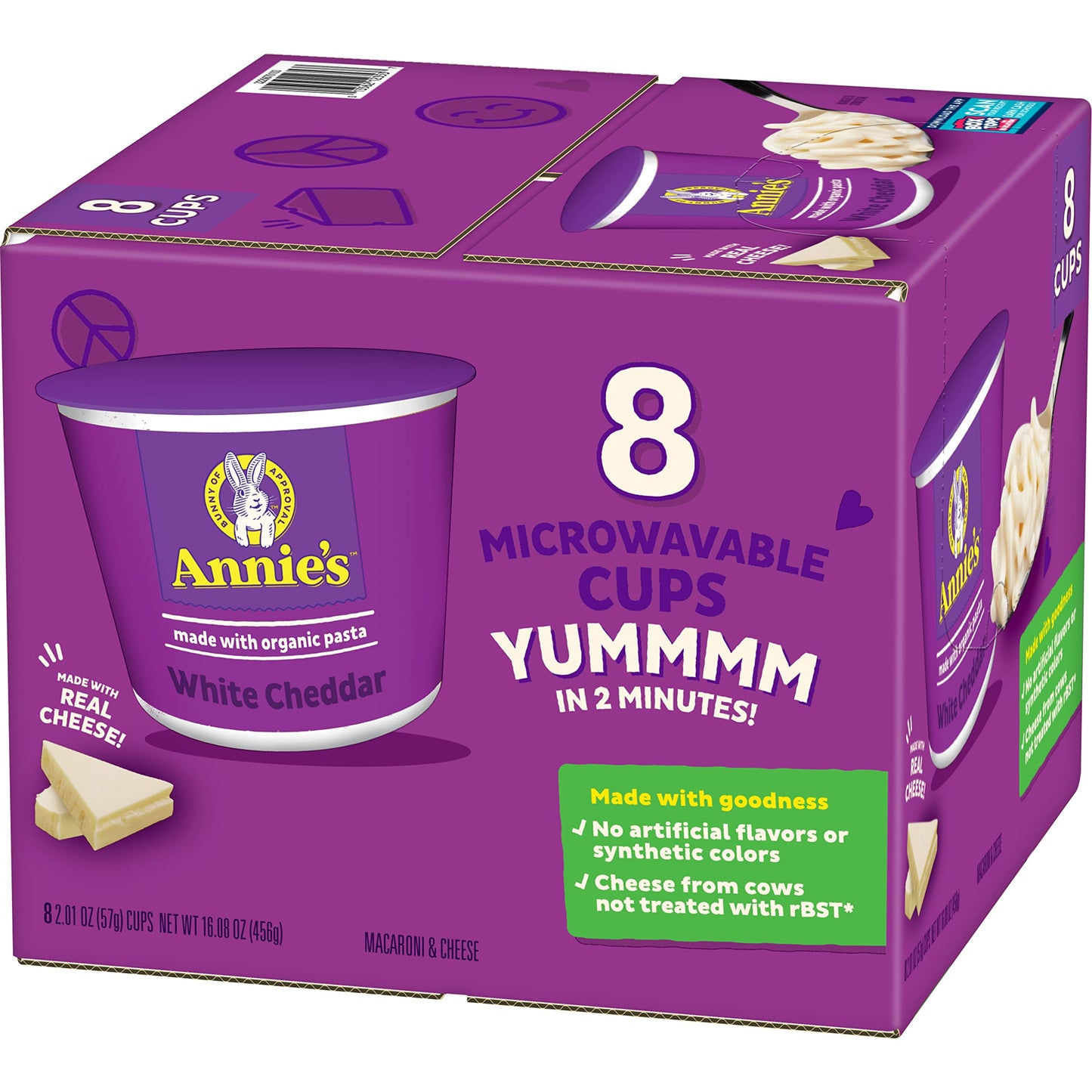 Annies White Cheddar Microwave Mac & Cheese, Organic Pasta, 8 Count, 2.01 OZ Cups