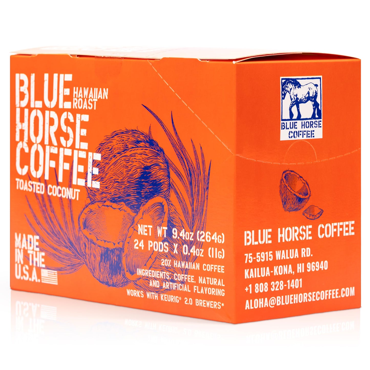 Blue Horse 'Gentle Giant' Hawaiian Roast (20% Kona) Coffee Pods - Toasted Coconut - Medium Roast, 24Ct Single Serve, Compatible