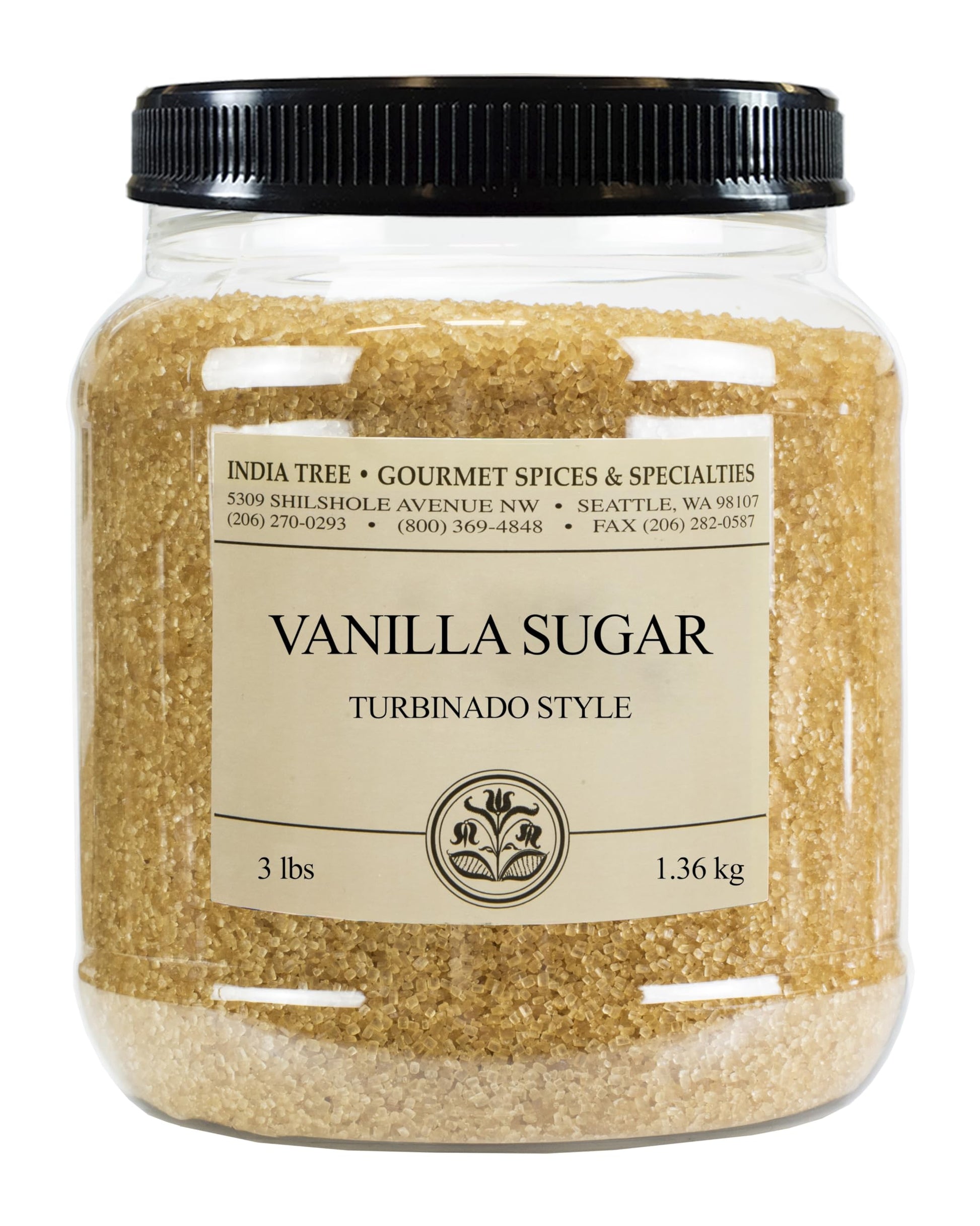 India Tree Turbinado Vanilla Sugar with Bourbon Vanilla Bean, 3 Pound Jar, Ideal for Baking and Cocktails