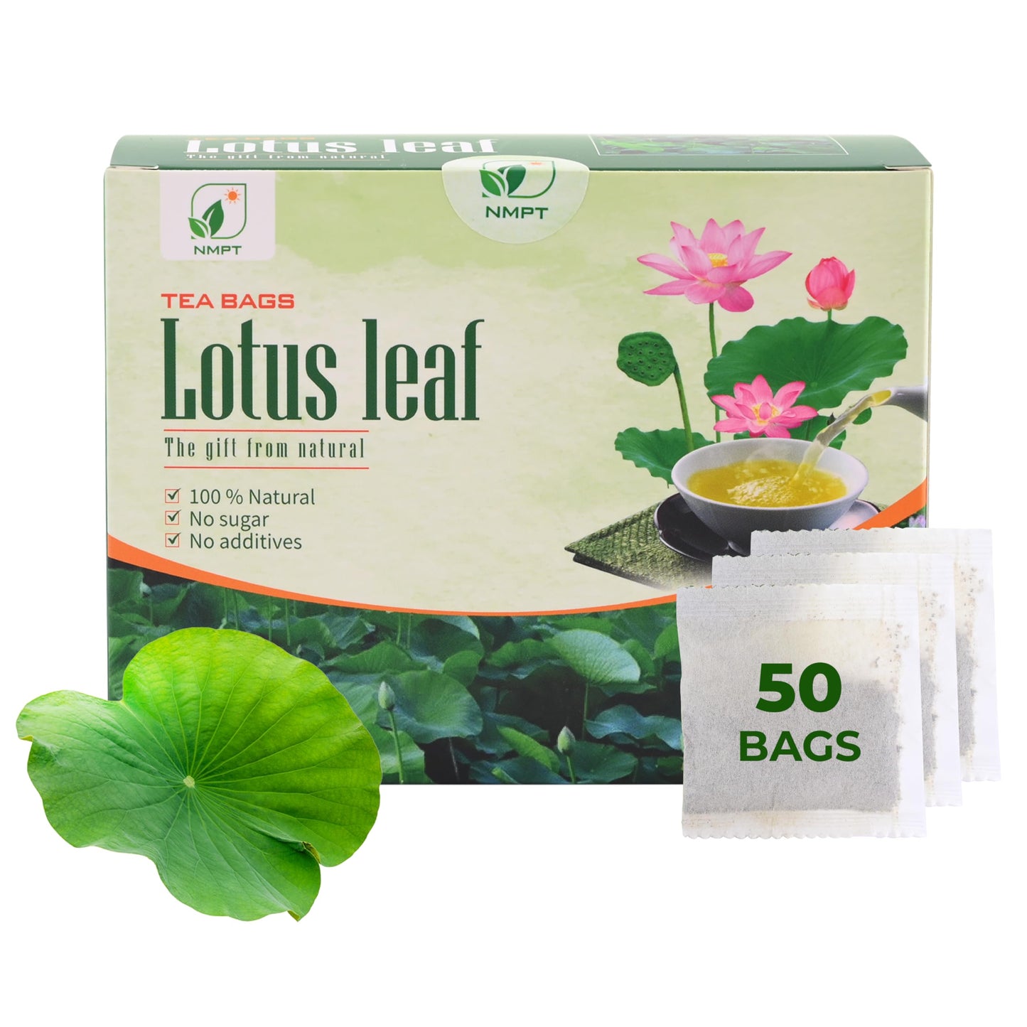 Nmpt Dried Lotus Leaf Tea, 100% Hand Pick, Organic Herbal Tea, 50 Tea Bags, Gluten Free, Dairy Free, Sugar Free & 100% Natural, Energy Boost & Health Support