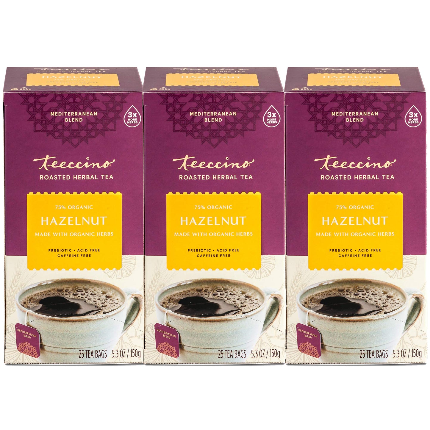 Teeccino Hazelnut Herbal Tea - Caffeine-Free, Prebiotic, 25 Count (Pack of 3)
