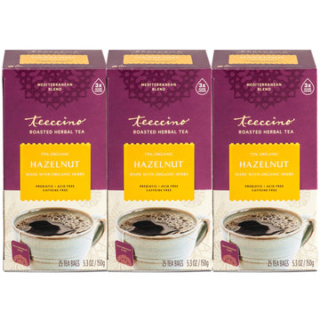 Teeccino Hazelnut Herbal Tea - Caffeine-Free, Prebiotic, 25 Count (Pack of 3)