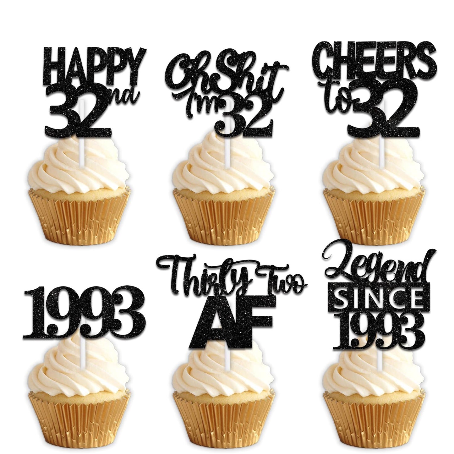 18pcs Black Glitter Happy 32nd Dessert Cupcake Topper Pick for Funny Legend Since 1992 Theme Decor Supplies Men Women Happy 32 B