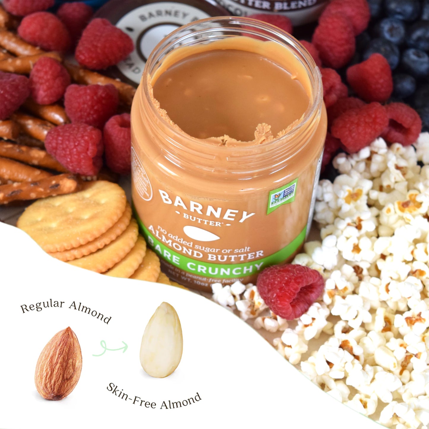 BARNEY Almond Butter, Bare Crunchy, No Sugar No Salt, Paleo, KETO, Non-GMO, Skin-Free, 10 Ounce