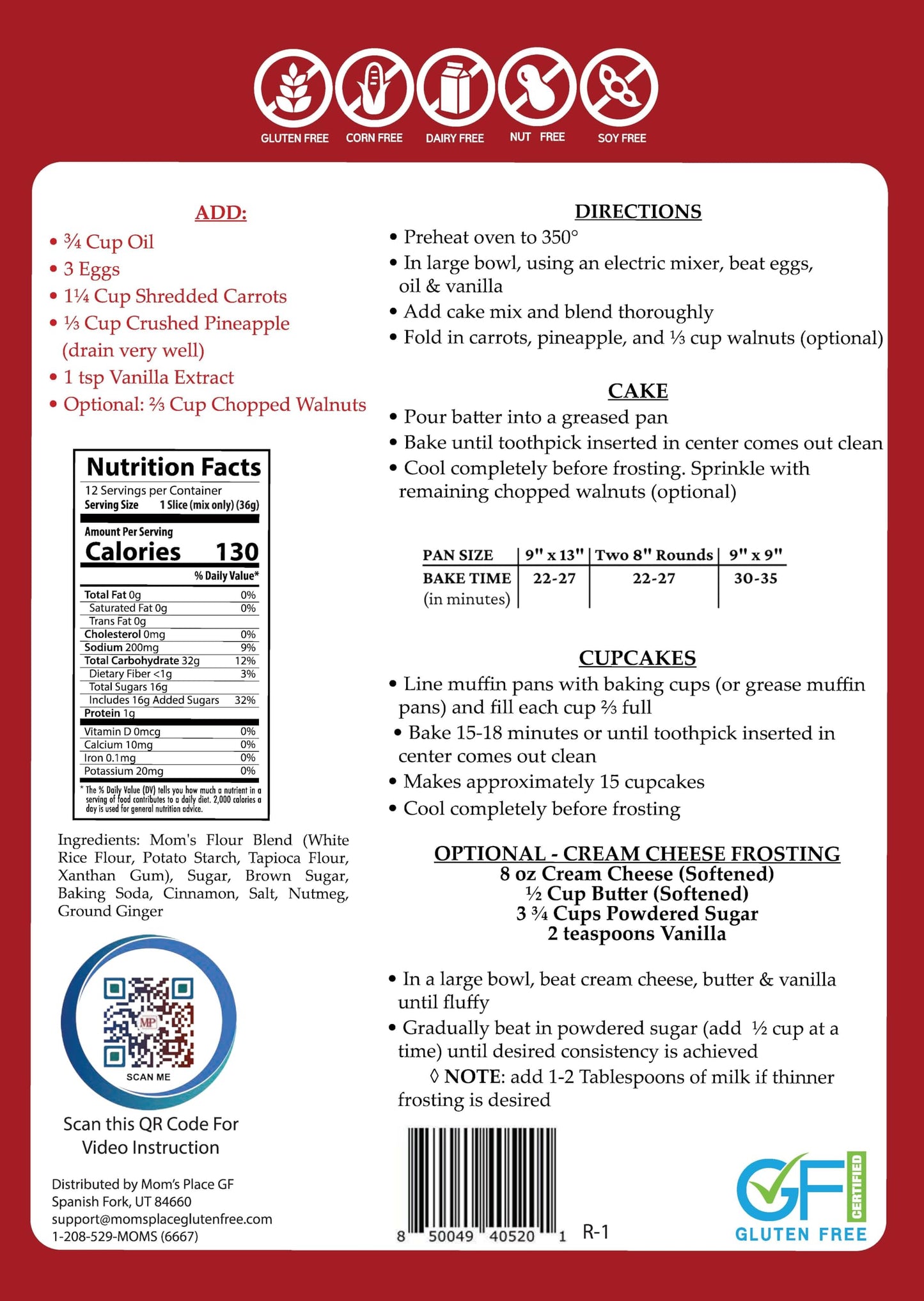 Moms Place Gluten-Free Carrot Cake Mix - Moist  Spiced  and Dairy-Free - Allergen-Friendly  Non-GMO  Easy to Prepare 15.3 Oz