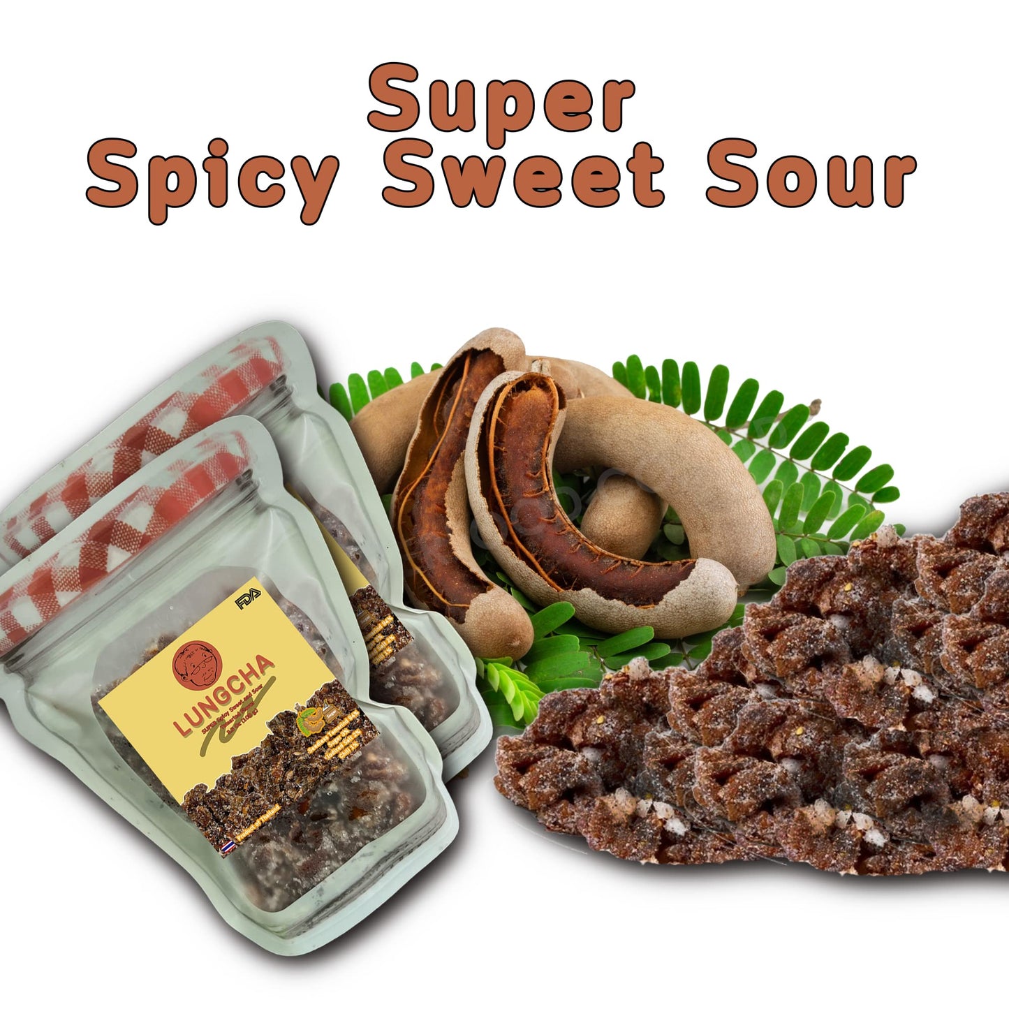 Lungcha Super Spicy & Sour With Sugar Mixed Flavor, Seedless Real Thai Dried Tamarind Variety Flavors Mixed 3.5 Oz. (100 G.) X 2