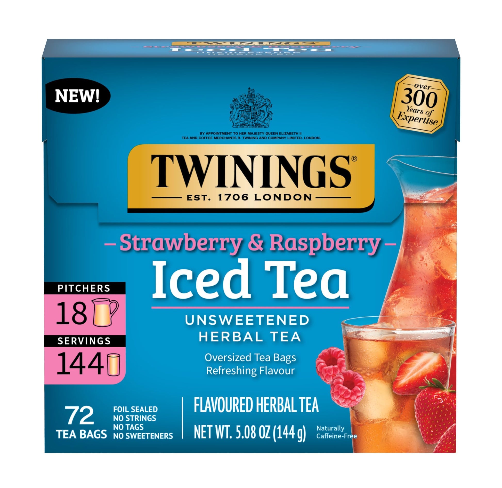 Twinings Herbal Iced Tea, Strawberry & Raspberry, 72 Oversized Tea Bags, Unsweetened, Naturally Caffeine-Free, 72 Count