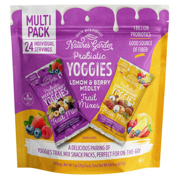 Natures Garden Probiotic Yoggies Trail Mix Multipack  24oz (Lemonberry 12x1oz + Mixed Berry 12x1oz) - Yogurt Covered Fruit & Nut Snack for mature-themeds & Kids - High Fiber  Gluten-Free  No Artificial Flavors and Colors  Variety Pack