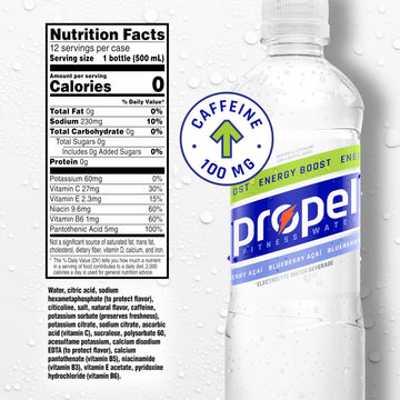 Propel Energy Boost Flavored Water with Electrolytes & Caffeine, Blueberry Acai, 16.9 fl oz Bottles, 12 Pack
