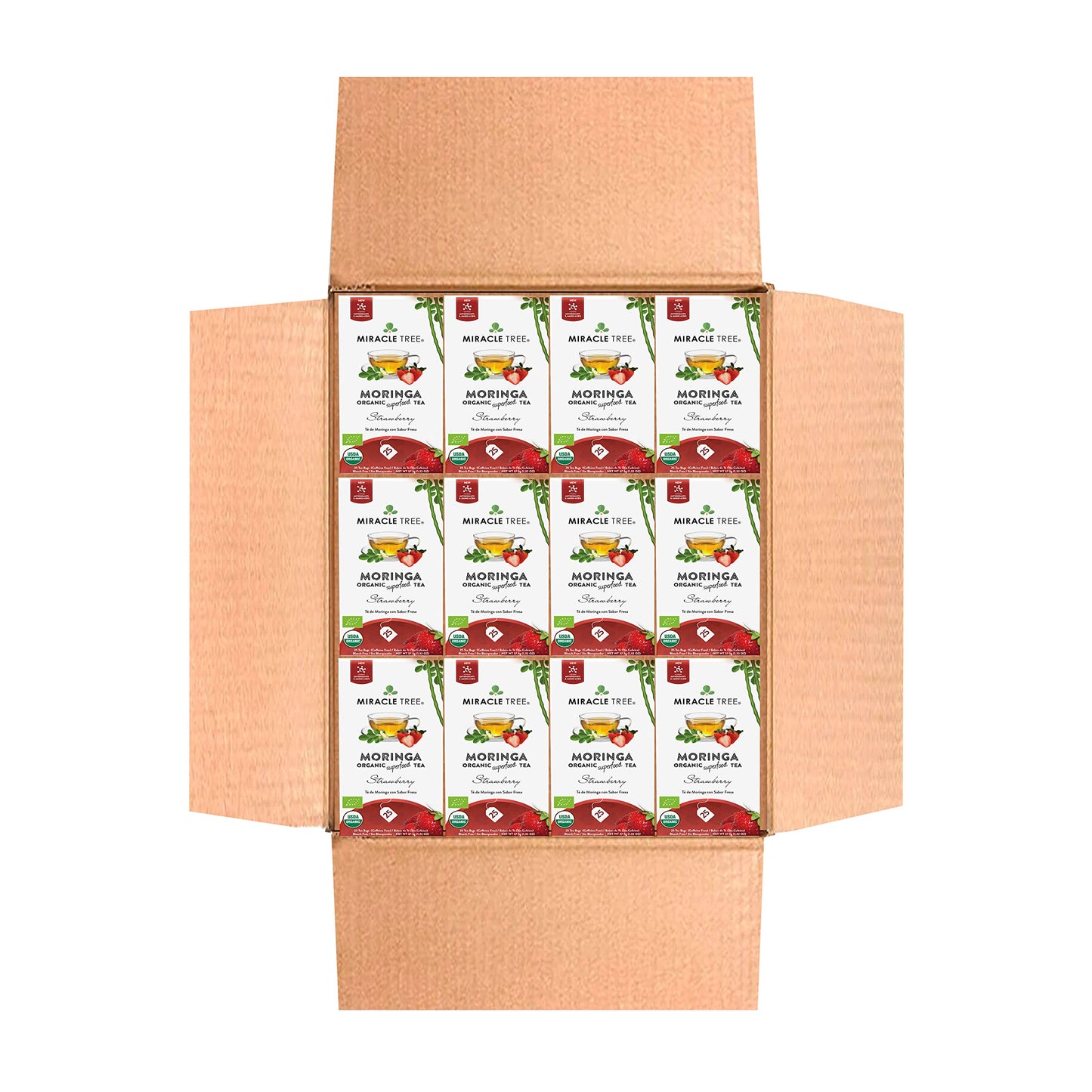 Miracle Tree Organic Moringa Superfood Tea - 12 Pack of 25 Individually Sealed Bags, Strawberry, Vegan, Gluten-Free, Caffeine-Free