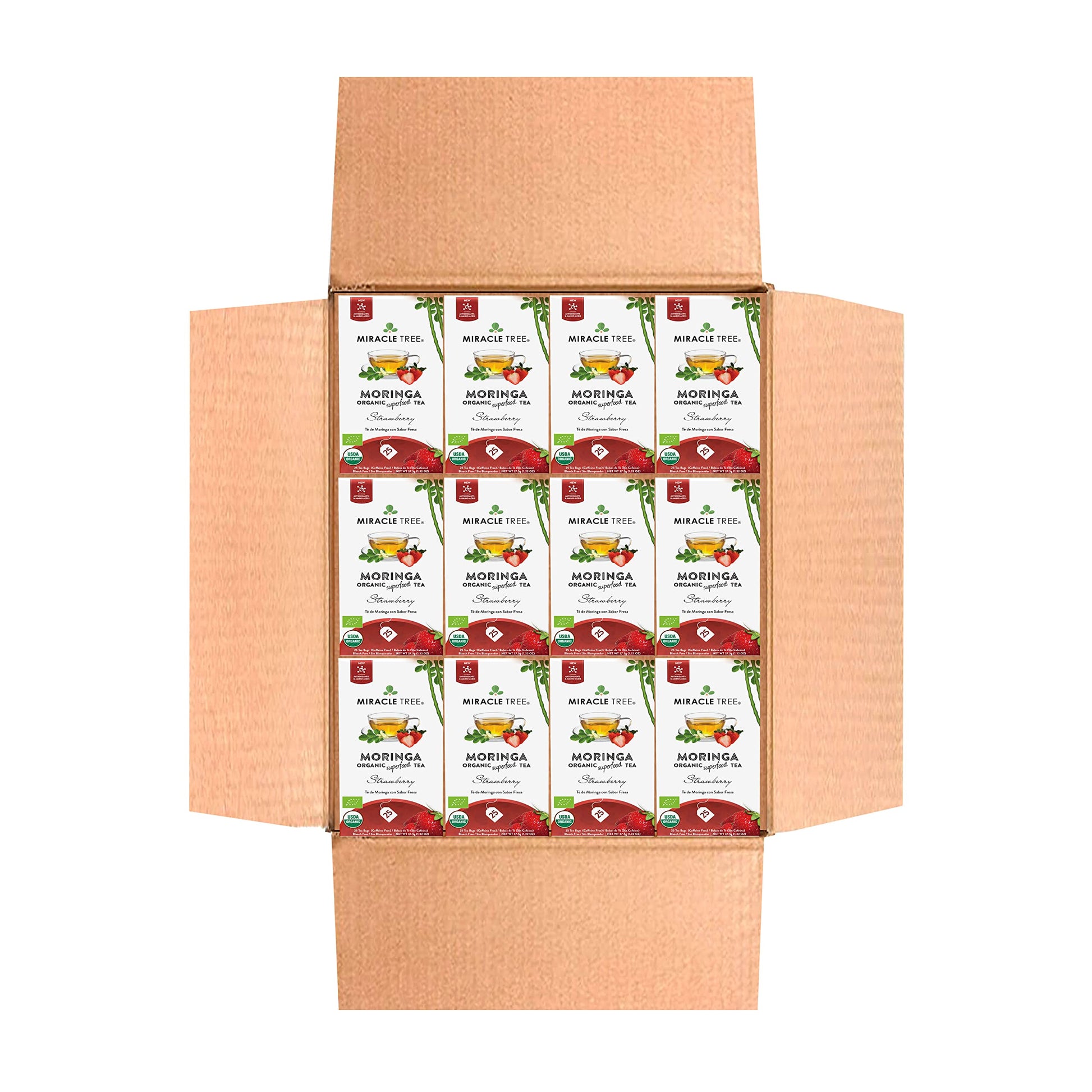 Miracle Tree Organic Moringa Superfood Tea - 12 Pack of 25 Individually Sealed Bags, Strawberry, Vegan, Gluten-Free, Caffeine-Free