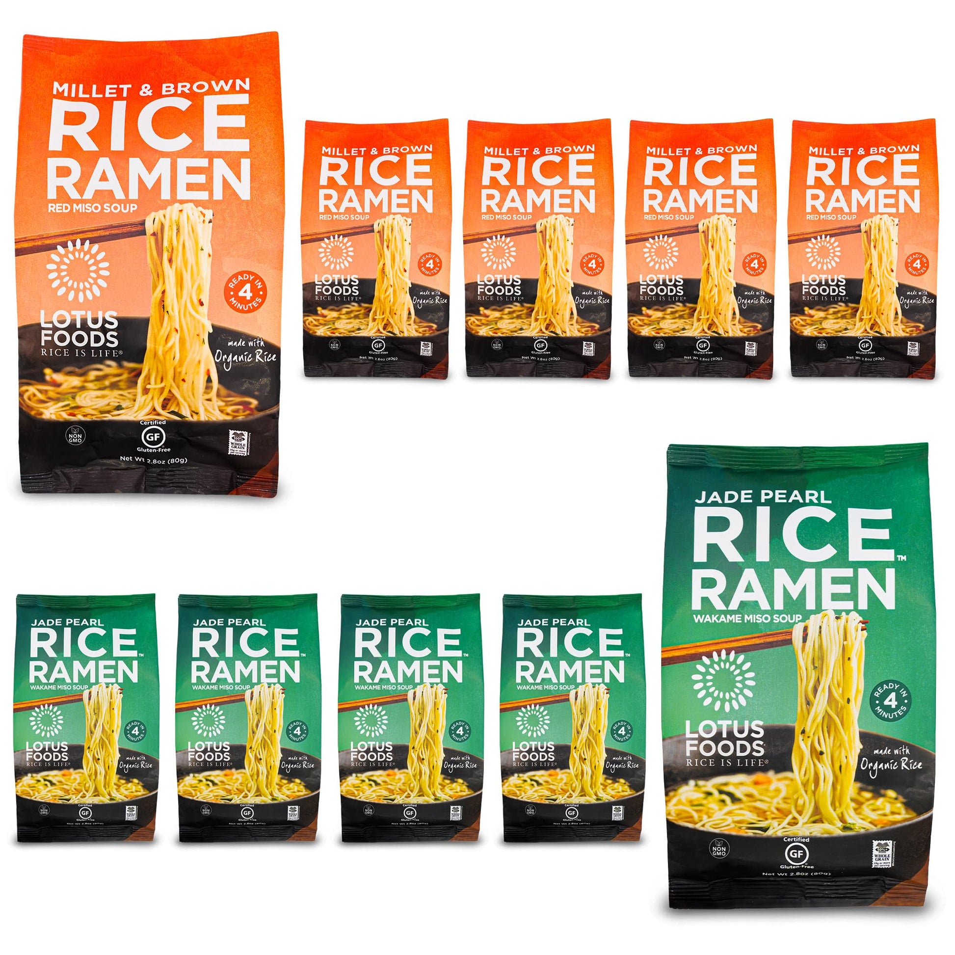 Lotus Foods Bulk Organic Rice Ramen with Miso Soup Variety Bundle - Jade Pearl, Millet & Brown Rice, Gluten Free Rice Ramen, Who