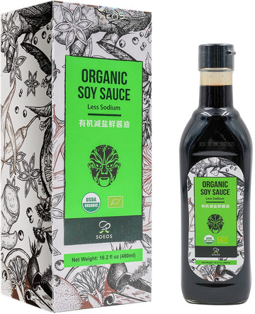 Soeos Organic Low Sodium Soy Sauce 16.2oz (480ml), USDA Organic, Naturally Brewed Soy Sauce, Soy Sauce Organic, Dark Soy Sauce, 