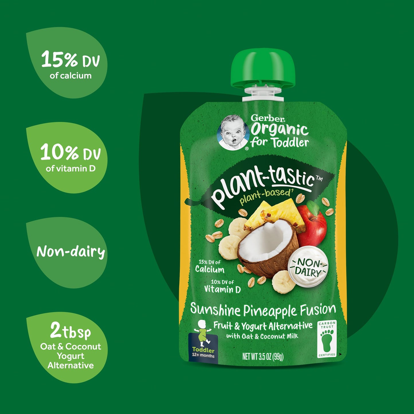 Gerber Organic Baby Food Pouches, Toddler, Plant-Tastic, Sunshine Pineapple Fusion, Fruit & Yogurt Alternative With Oat & Coconu