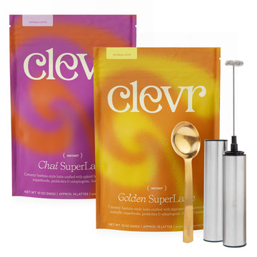 Clevr Blends Starter Kit (2-Pack) Chai Tea & Golden Turmeric Powder Superlattes Instant Latte Mix Oat Milk Coconut Creamer, Lion