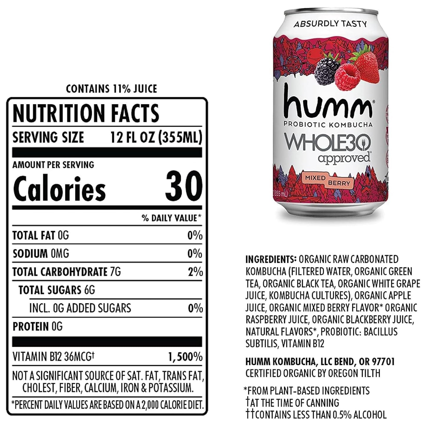 Humm Whole30 Approved Kombucha - Mixed Berry - Organic, Vegan & GMO-Free (12 Pack)