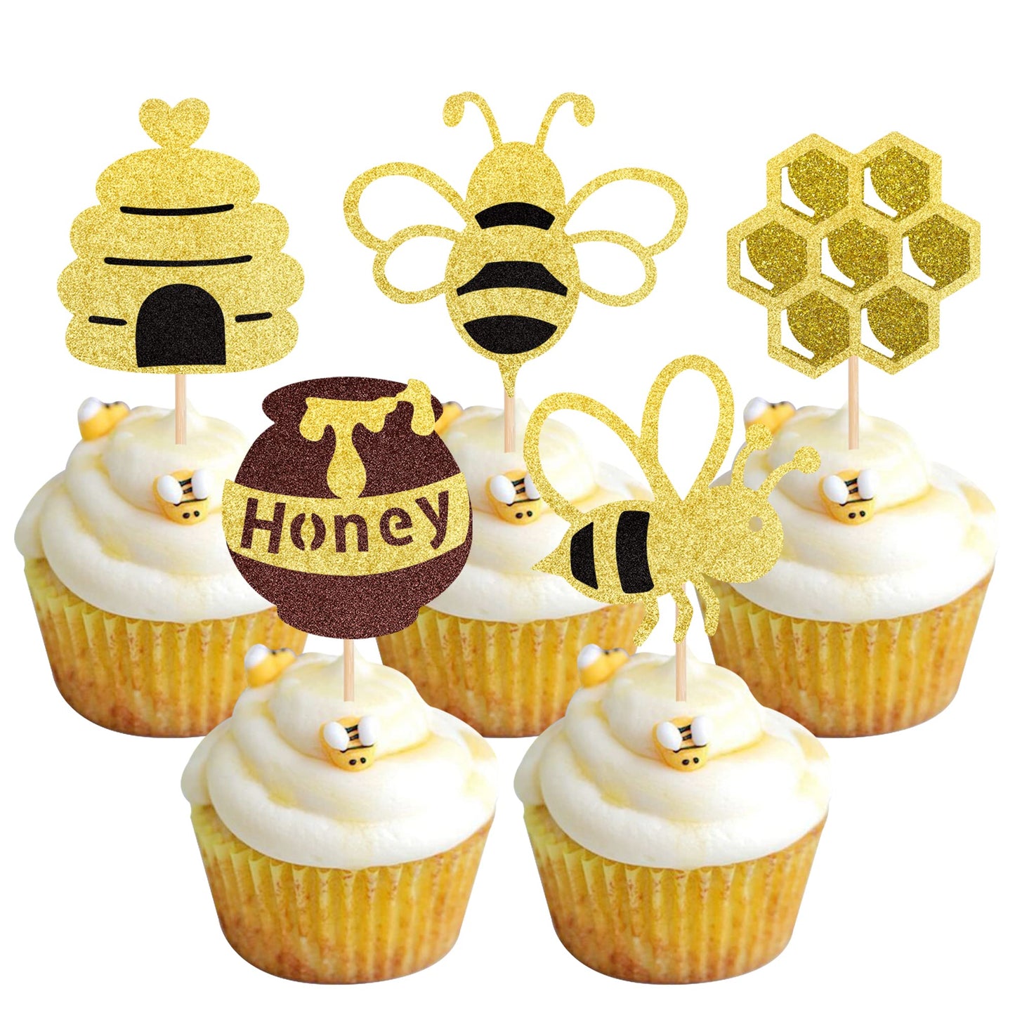 Rsstarxi Bumble Bee Cupcake Toppers - 30 Pack Gold Glitter Honeycomb Picks for Baby Shower & Birthday Party - Design 1