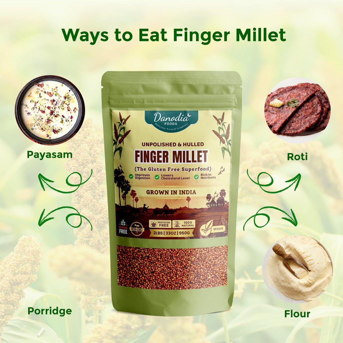 Danodia Foods Whole Grain Finger Millet (Ragi) - 2lbs (950g) | Organic, Hulled, Unpolished, Gluten-Free, Natural Superfood | Hig