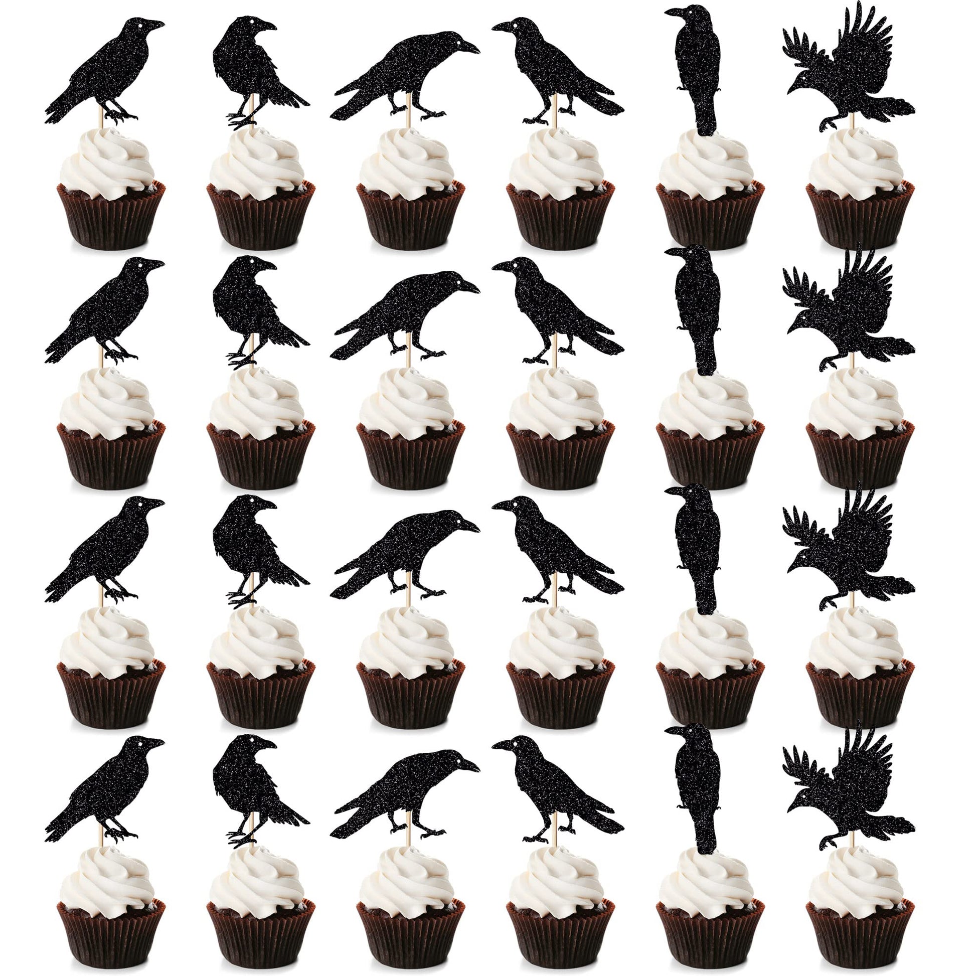 Leetaivie 24Pcs Black Glitter Crow Dessert Cupcake Toppers - Featured Halloween Themed Party Cake Topper (Black)