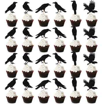 Leetaivie 24Pcs Black Glitter Crow Dessert Cupcake Toppers - Featured Halloween Themed Party Cake Topper (Black)