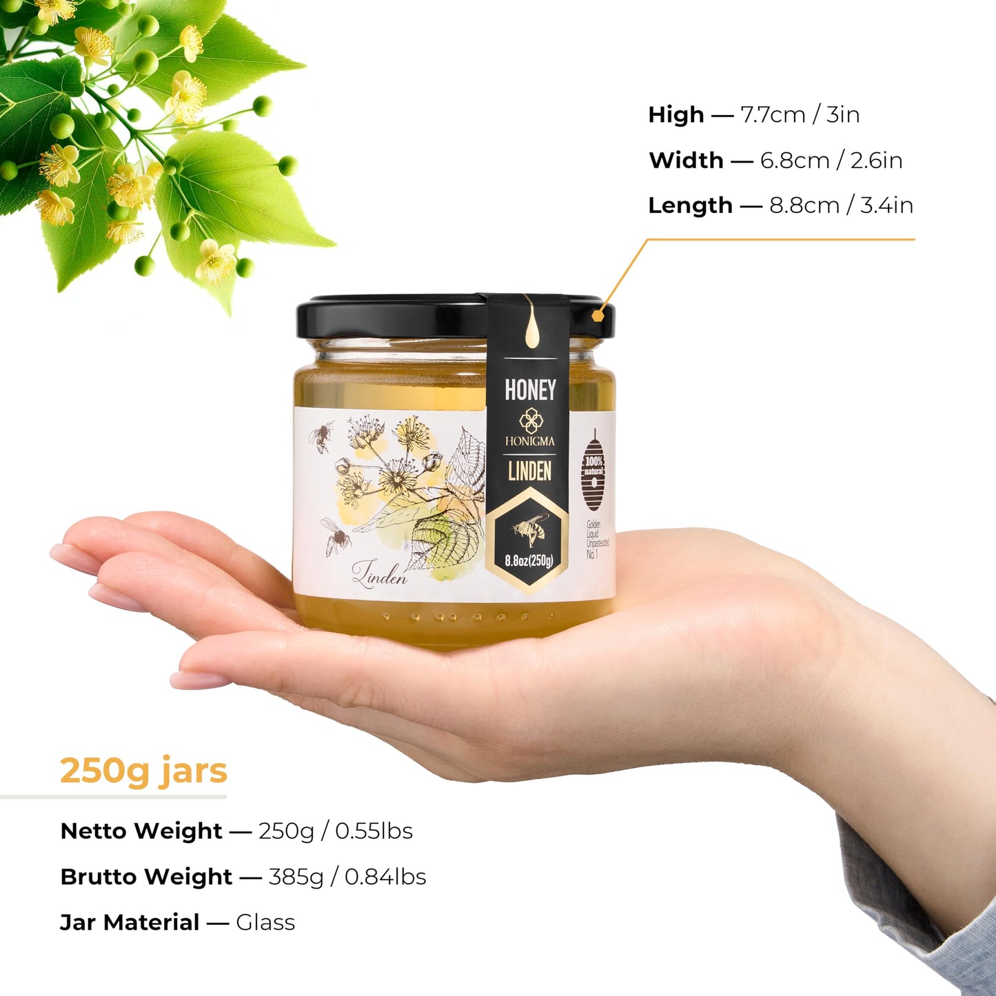 HONIGMA Raw Linden Honey - 100% Pure, Unpasteurized, Unfiltered, 250g/8.8oz, Partially Crystallized