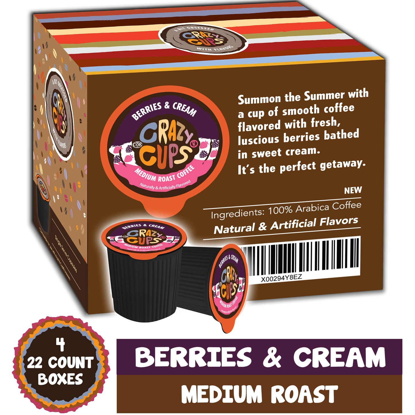 Crazy Cups Flavored Coffee Pods, Berries & Cream, Medium Roast, 88 Count (Pack of 4), Compatible with Keurig K Cup Machines