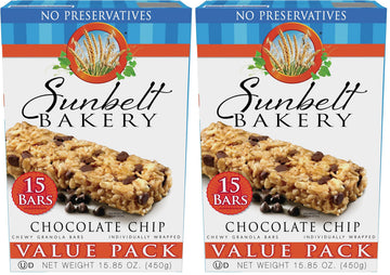 Sunbelt Bakery Chewy Chocolate Chip Granola Bars, 1.1 oz Bars, 15 Count (Pack of 2)
