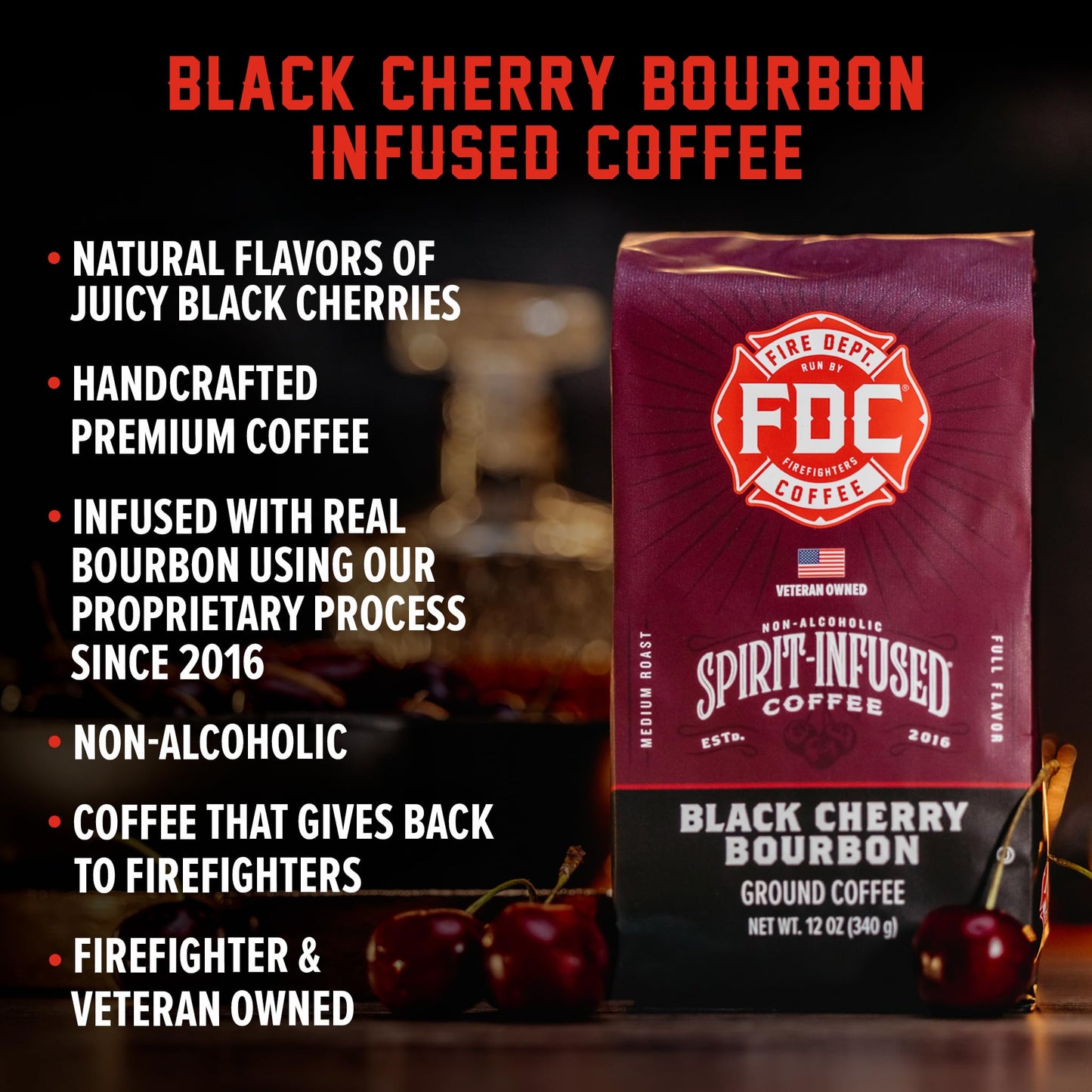 Fire Department Coffee Black Cherry spirit-inspired flavor Coffee - Premium Ground - 12 oz - Non-  ic - Veteran Owned - Roasted in the USA