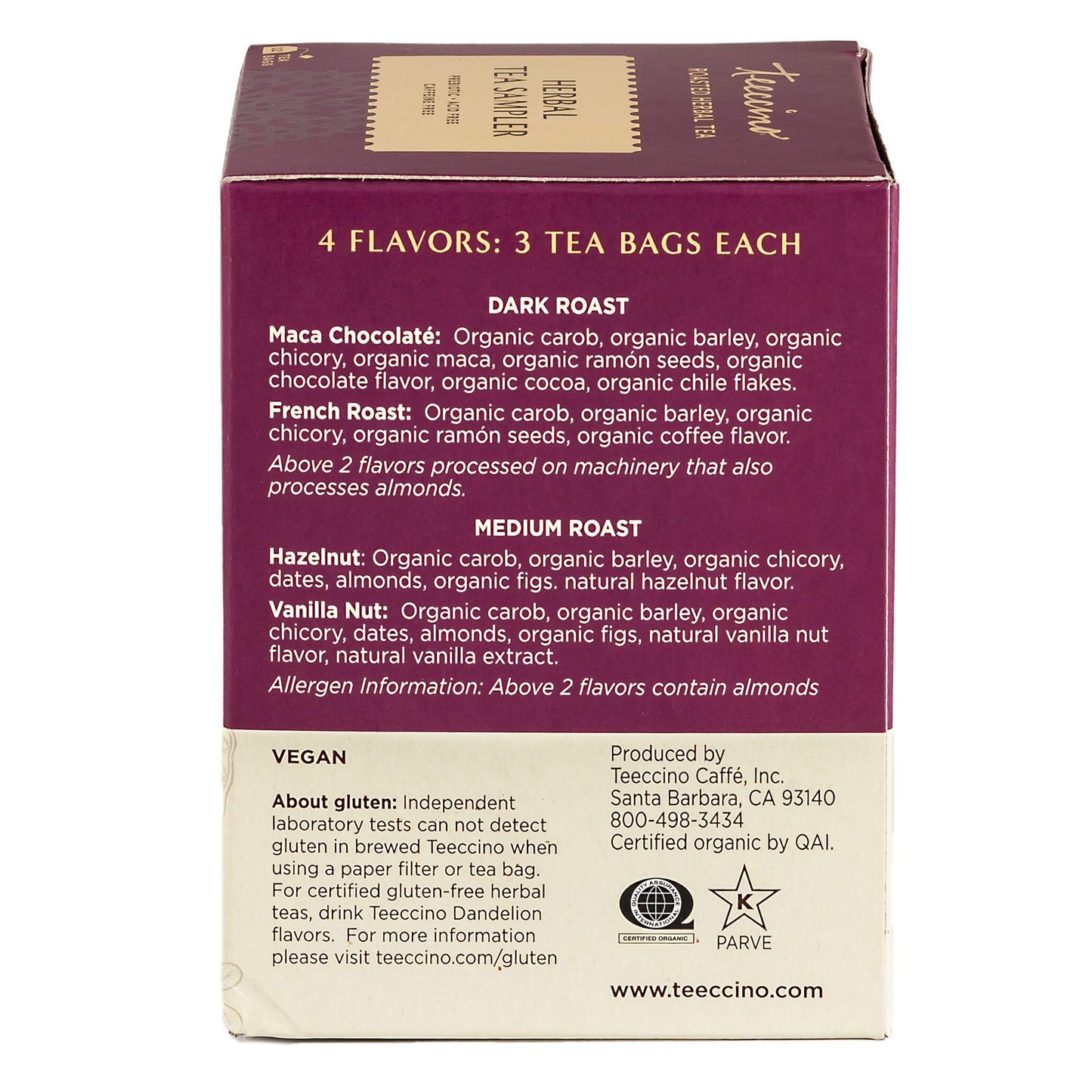 Teeccino Herbal Tea Sampler - 12 Bags, Caffeine Free, Assorted Flavors: Maca Chocolaté, French Roast, Hazelnut, Vanilla Nut