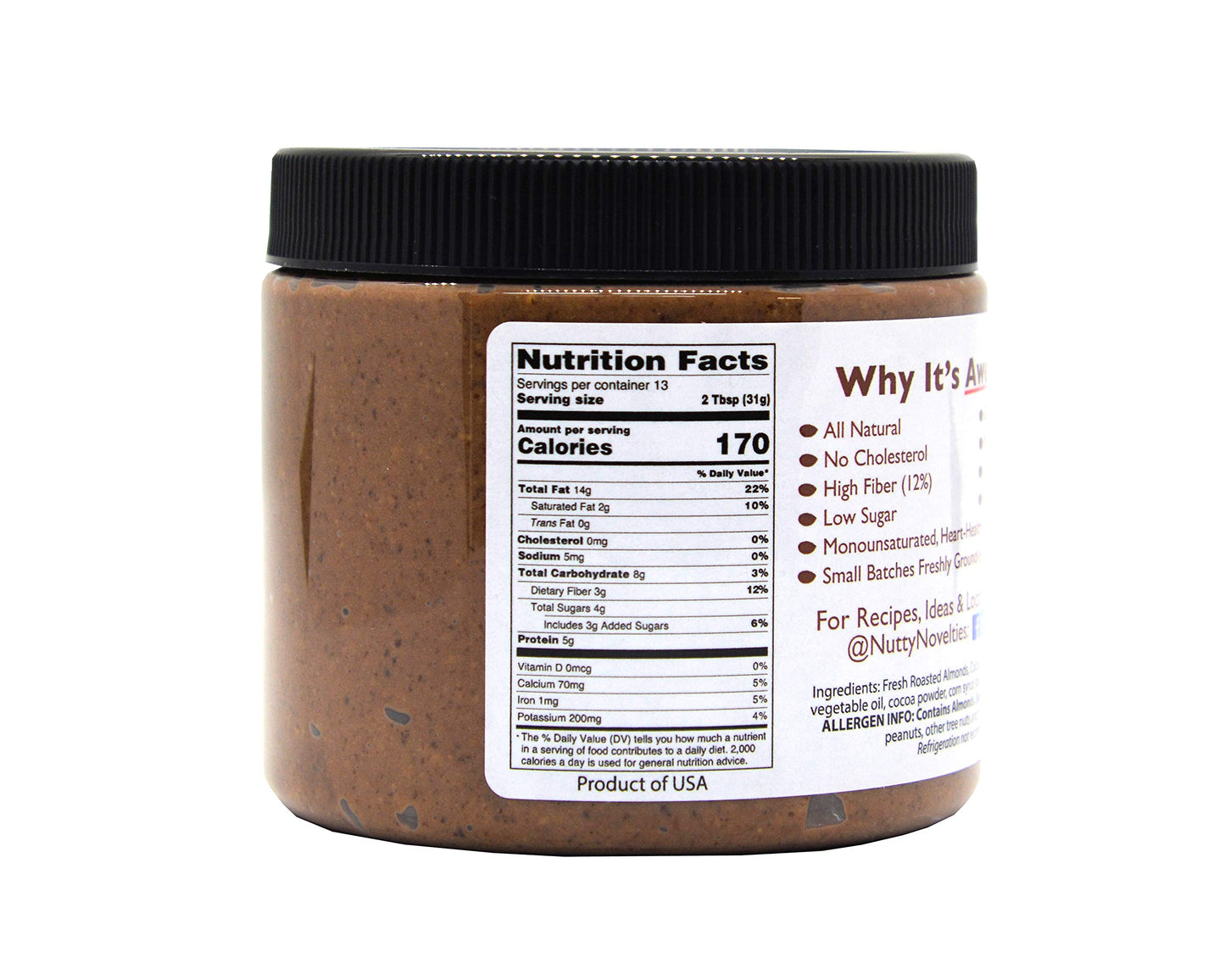 Nutty Novelties Dark Chocolate Almond Butter - High Protein, Vegan - 15 Ounce
