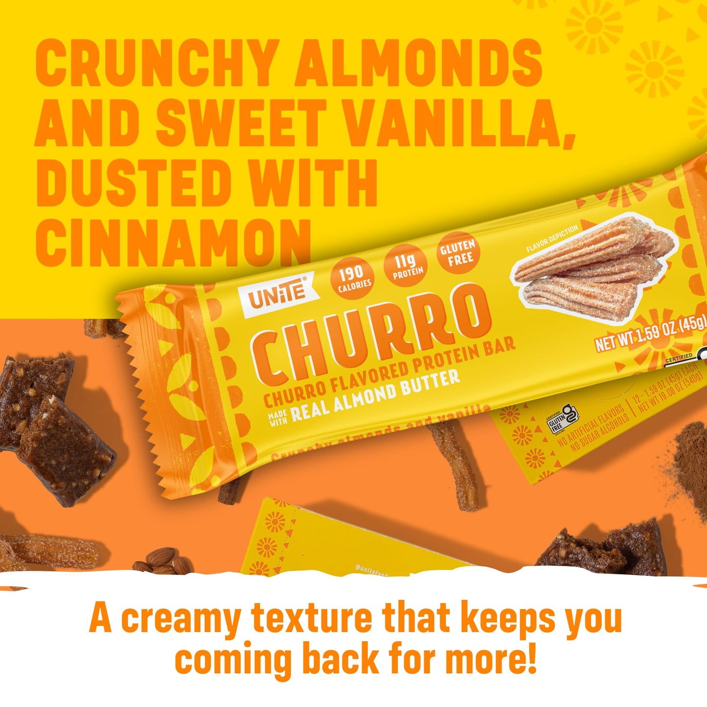 Unite Protein Bars, Churro Flavor, 10G Protein, 200 Calories, Soy And Gluten Free, Real Almond Butter, Proudly Women Owned - 1.5