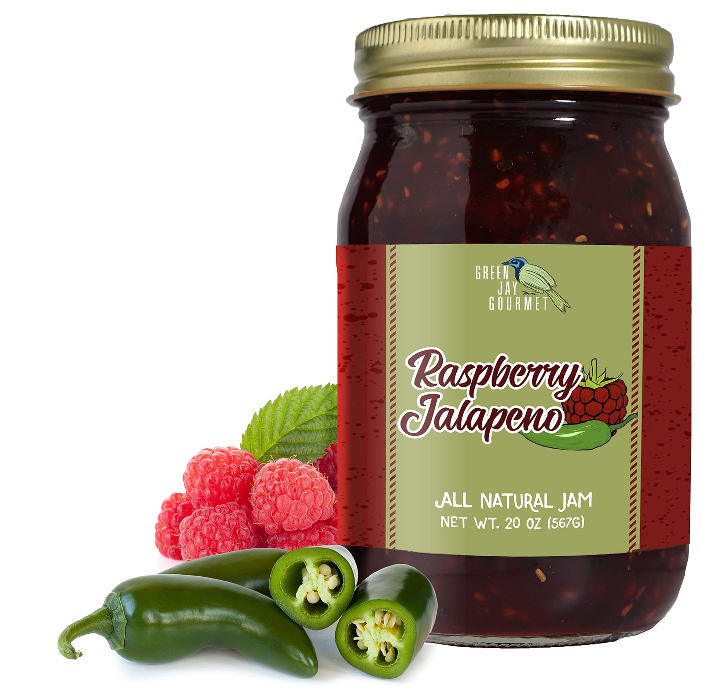Green Jay Gourmet Raspberry Jalapeno Jam - All-Natural Raspberry Jam with Red Raspberries, Jalapeno Peppers & Lemon Juice - Vega