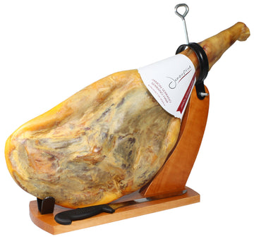 Jamonprive Spanish Serrano Ham Bone in 14-17 lb with Stand & Knife - 3 Piece Set