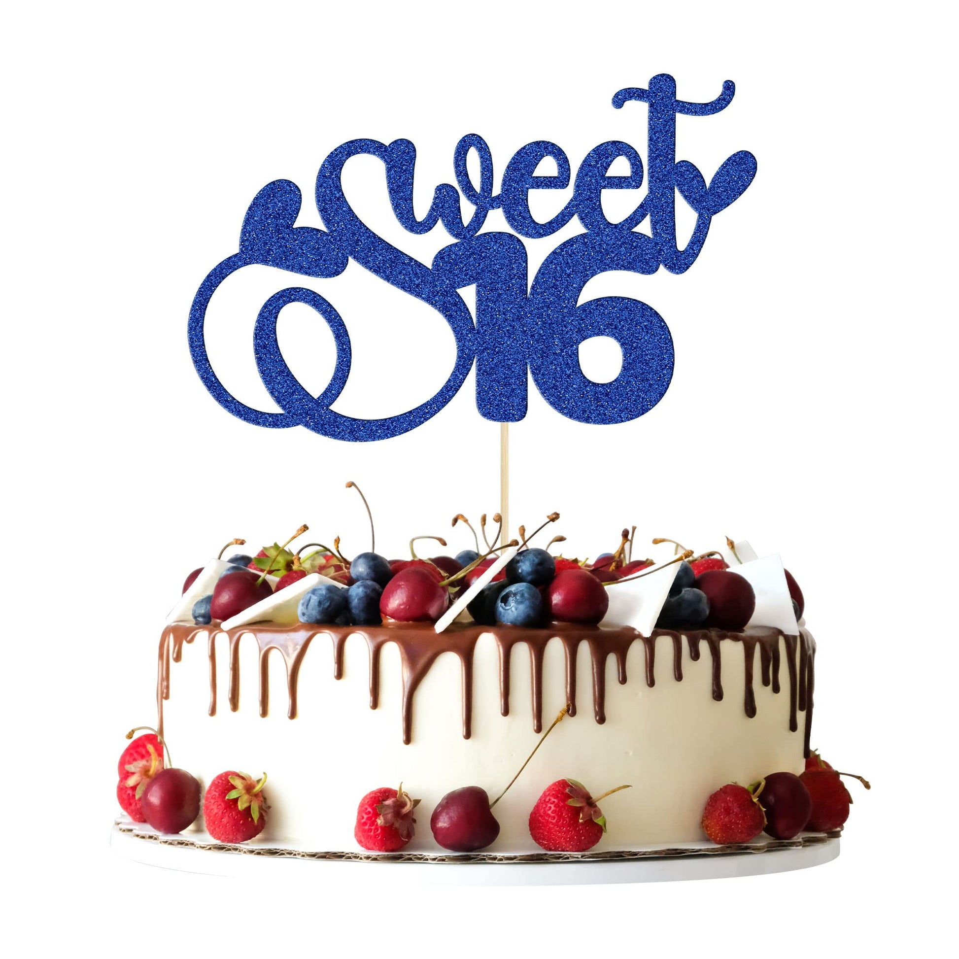 1Pc Sweet 16 Cake Topper Deep Blue Glitter 16Th Birthday Cake Pick Decorations For Cheers To 16 Years Old 16Th Birthday Party Ca