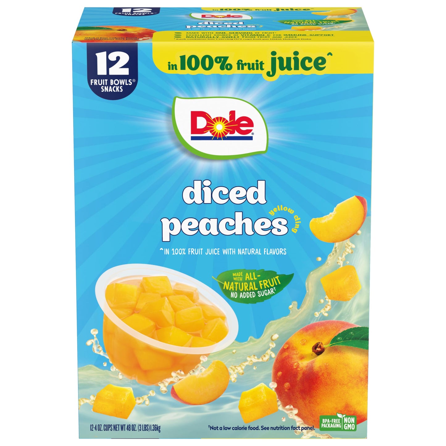 Dole Fruit Bowls Diced Peaches in 100% Juice Snacks, 4oz 12 Total Cups, Gluten & Dairy Free, Bulk Lunch Snacks for Kids & Adults