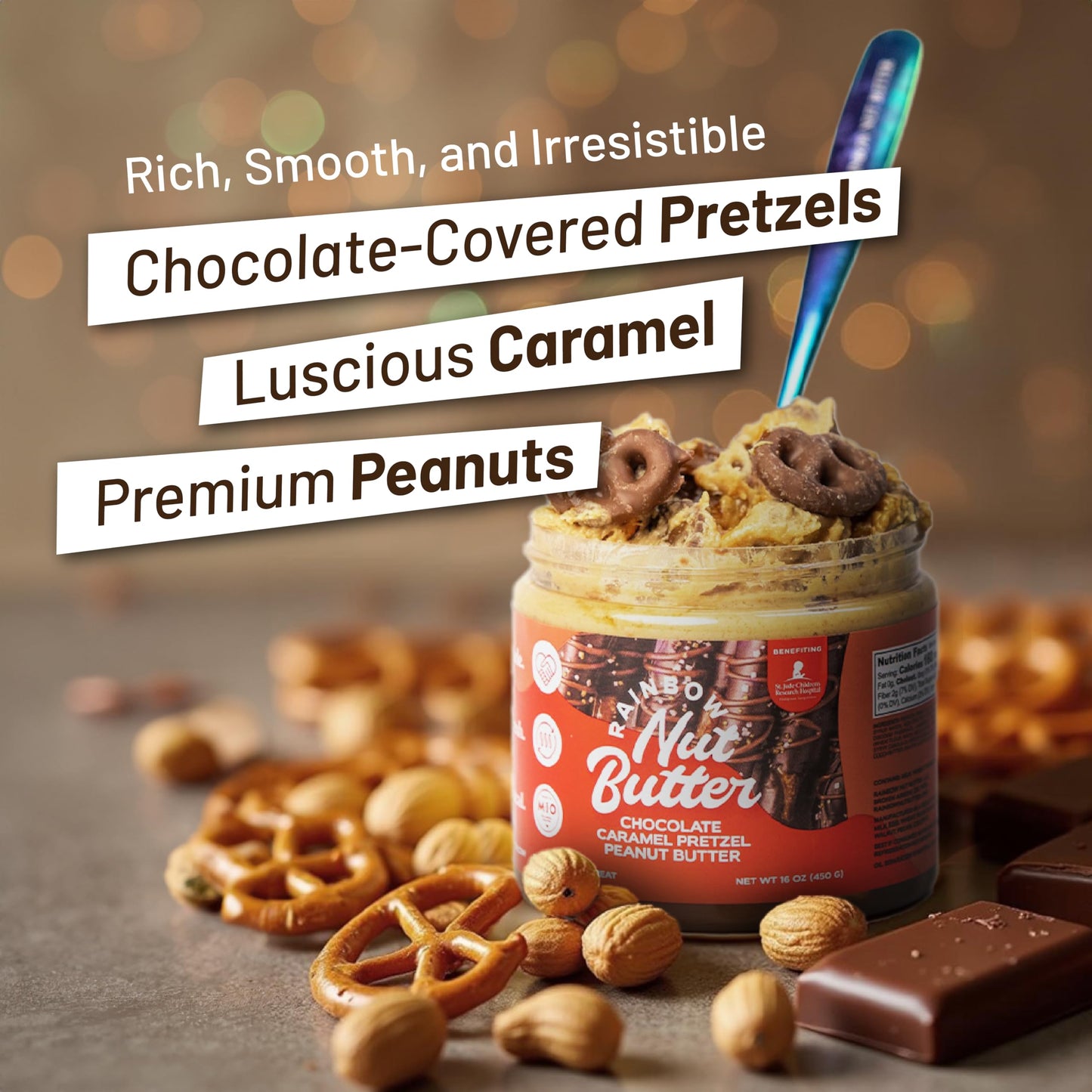 Rainbow Nut Butter Caramel Pretzel Peanut Butter, Spread, Treat, Snack, Dessert High Protein Flavored Nut Butter, (16 Oz Jar)