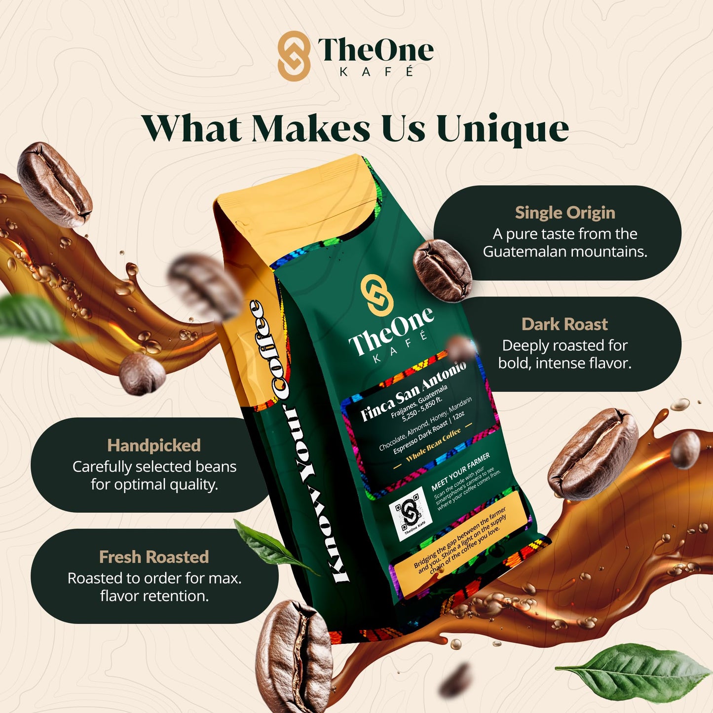 Theone Kaf   Guatemala Coffee Beans - Whole Bean Coffee Dark Roast, 12 Oz - Freshly Roasted, Single Origin, Fair Trade & Shade-G
