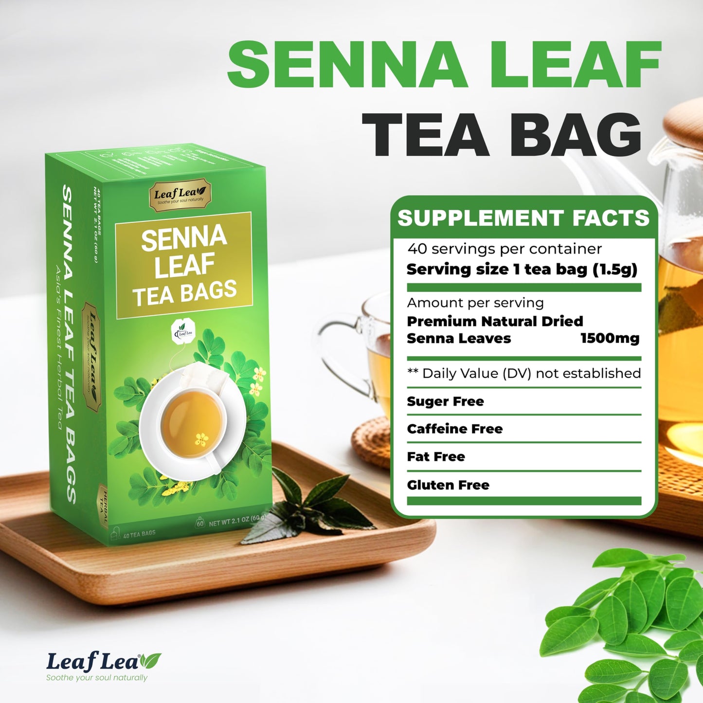 LeafLea Senna Tea Bags - Herbal Laxative Tea, Caffeine-Free, Sugar-Free, Vegan - 40 Bags (Pack of 1)
