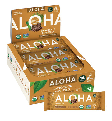 ALOHA Organic Plant Based Protein Bars - Chocolate Espresso, Vegan, Gluten-Free, Low Sugar, 12 Bars, 1.98 oz per Bar